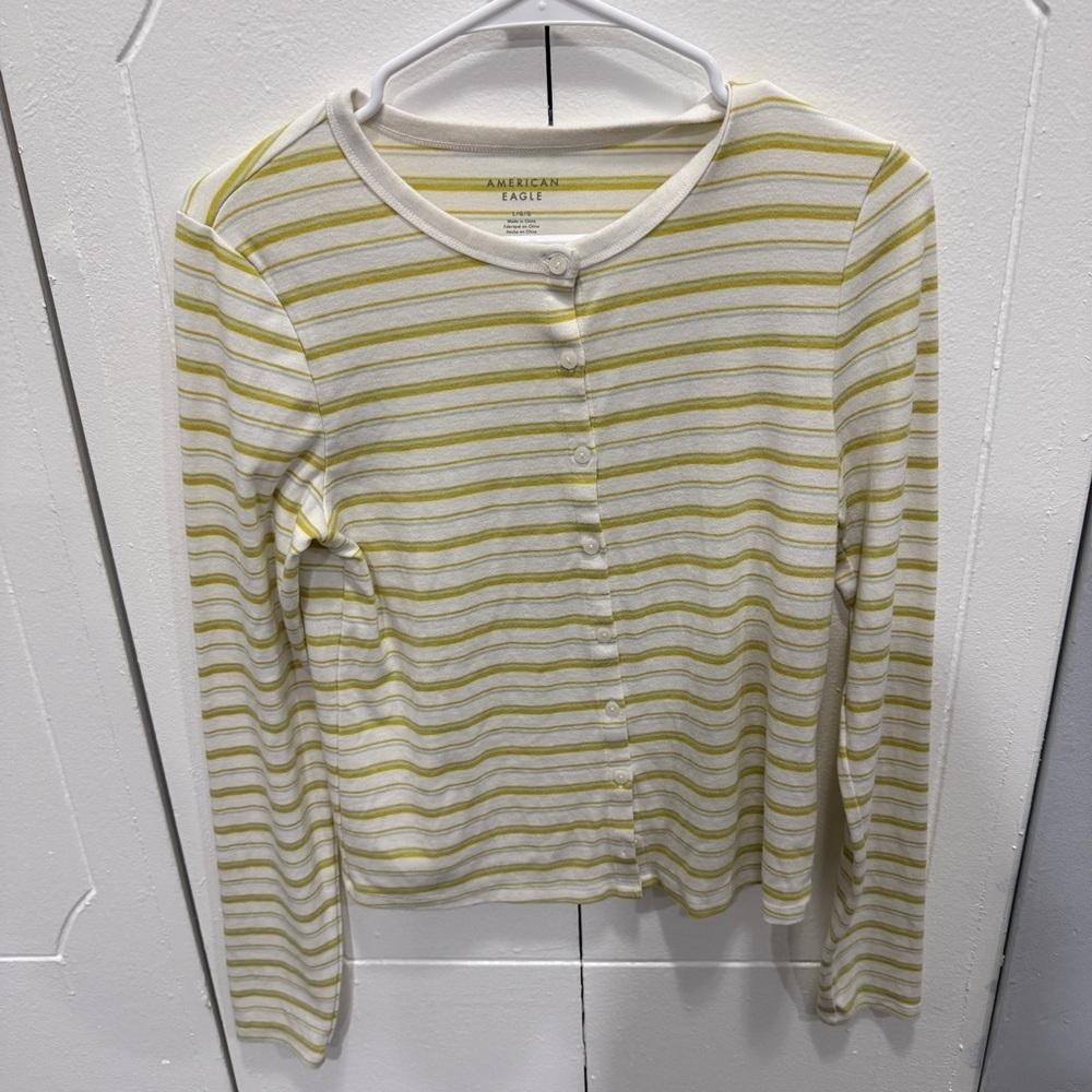 American Eagle Cream and Yellow Button Down Striped Long Sleeve